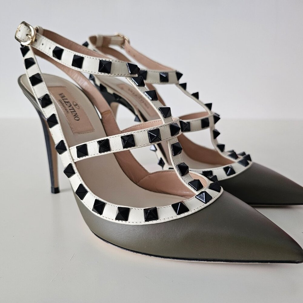 AUTH VALENTINO GARAVANI Rockstud Taupe Green Ankle Strap Shoe Heels 36/6, 100mm - Picture 4 of 15